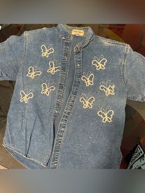 Denim Butterfly Embroidered Pearl Glitter Jacket - Blue